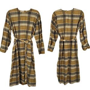 Eleven Eleven Checkered Plaid Mustard Belted Midi Dress Sz M Modest India Pocket